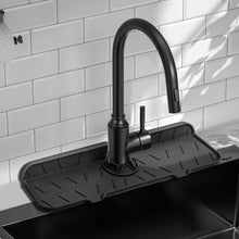 Load image into Gallery viewer, Meiliweser Silicone Sink Splash Guard Gen 2 - Slope Upgraded Faucet Mat, 15" x 5.5", Sink Gadgets-Splash Guard Behind Faucet Water Drip Catcher Mat for Kitchen, Bathroom, Sink Sponge Holder(Black)