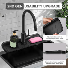 Load image into Gallery viewer, Meiliweser Silicone Sink Splash Guard Gen 2 - Slope Upgraded Faucet Mat, 15" x 5.5", Sink Gadgets-Splash Guard Behind Faucet Water Drip Catcher Mat for Kitchen, Bathroom, Sink Sponge Holder(Black)
